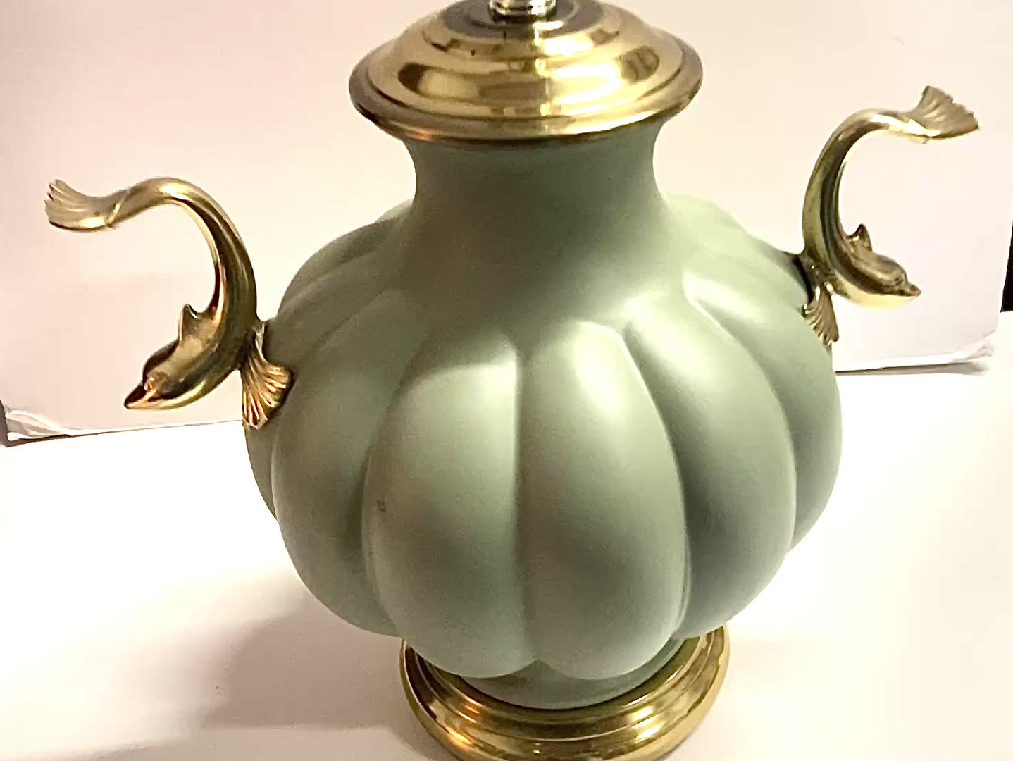 Vintage Brass Dolphins & Seafoam Ceramic Table Lamp