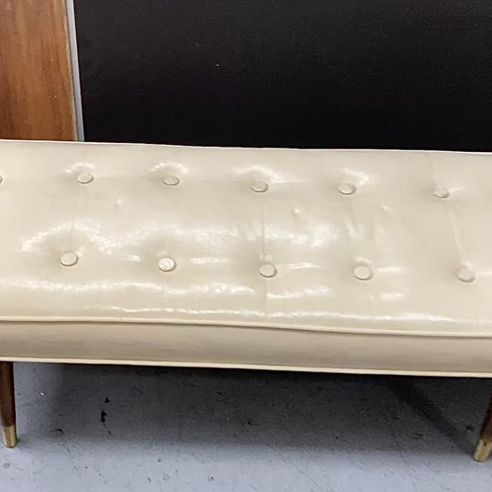 1950s Tufted White Leather Bench with Tapered Legs