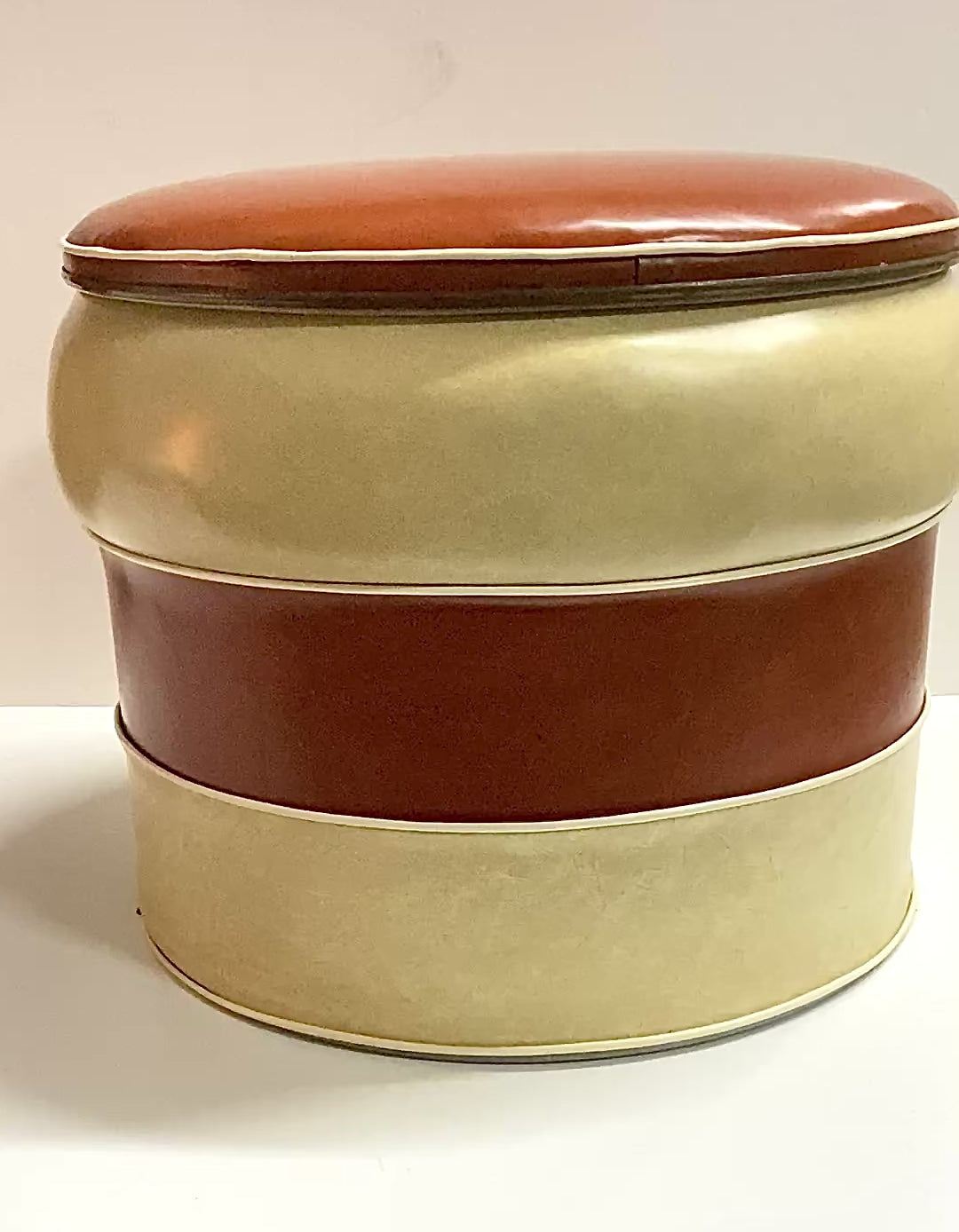 Retro Burnt Orange & Mableized Cream Vinly Hassock