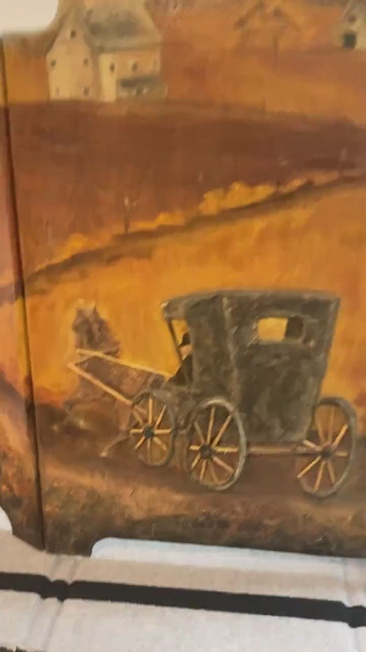 Antique Hand Painted Screen | Fireplace Painting Countryside Scene