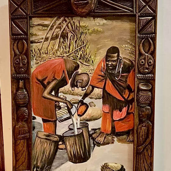 Vintage African Tribe Oil Painitng with Caved Wood Frame