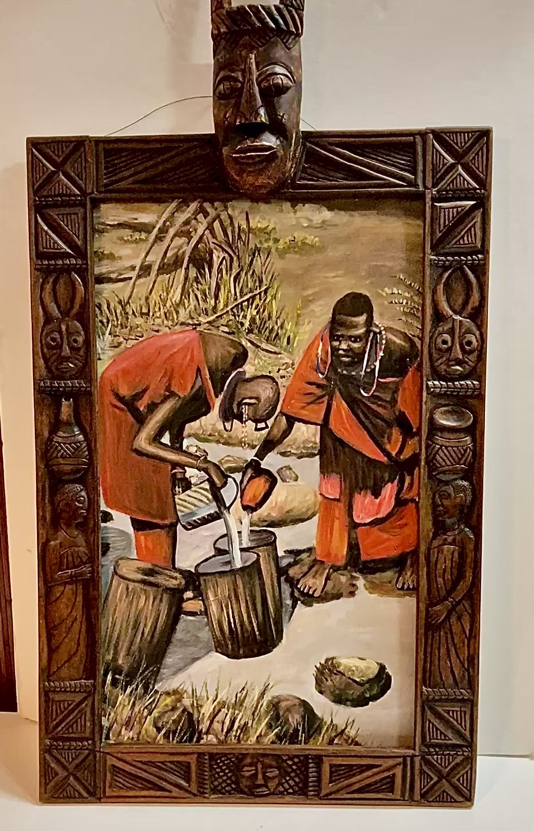 Vintage African Tribe Oil Painitng with Caved Wood Frame