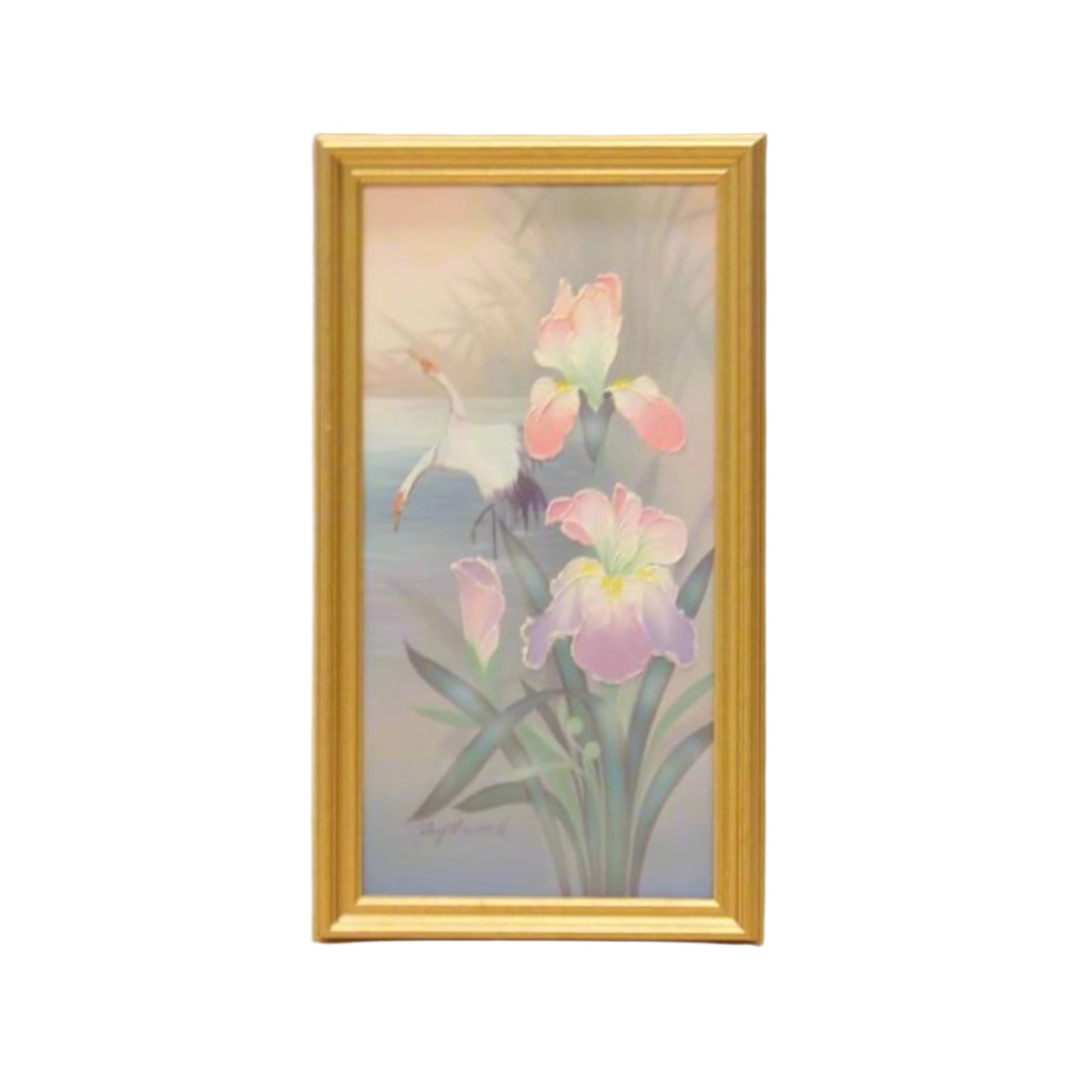 Artist Signed Oil Painting--Cranes and Iris