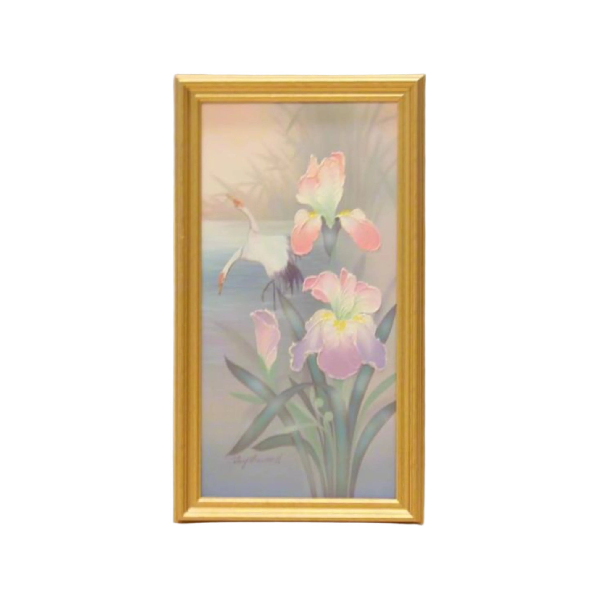 Artist Signed Oil Painting--Cranes and Iris