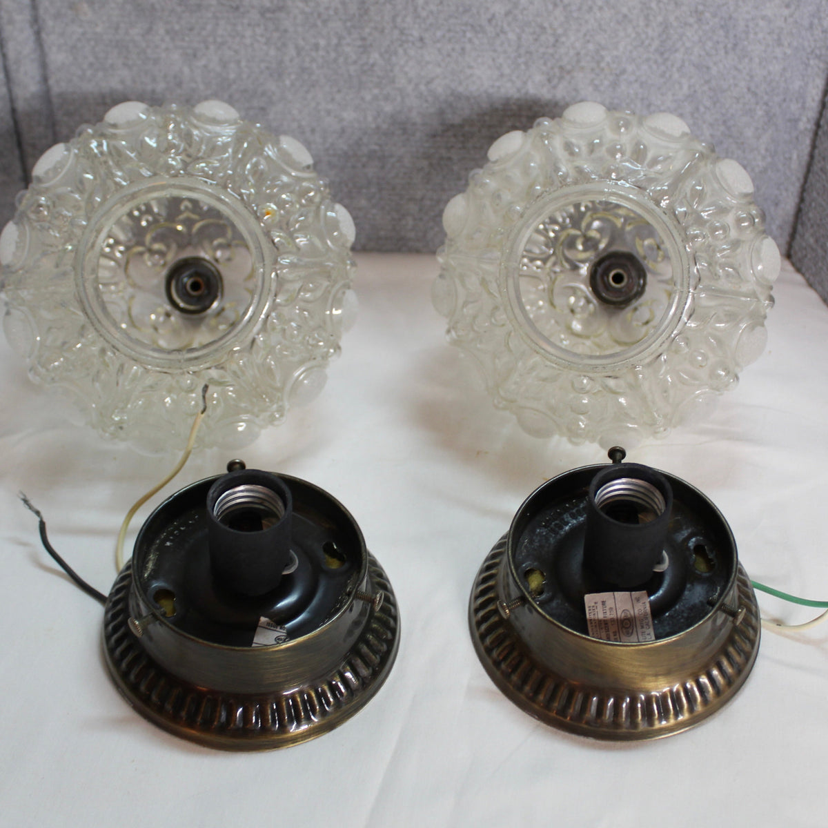 sh Mount Ceiling Lights Pair - Frosted Ribbed Melon Glass Fixtures - Set of 2.