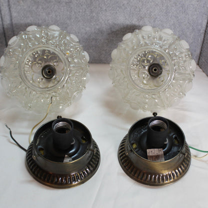 sh Mount Ceiling Lights Pair - Frosted Ribbed Melon Glass Fixtures - Set of 2.