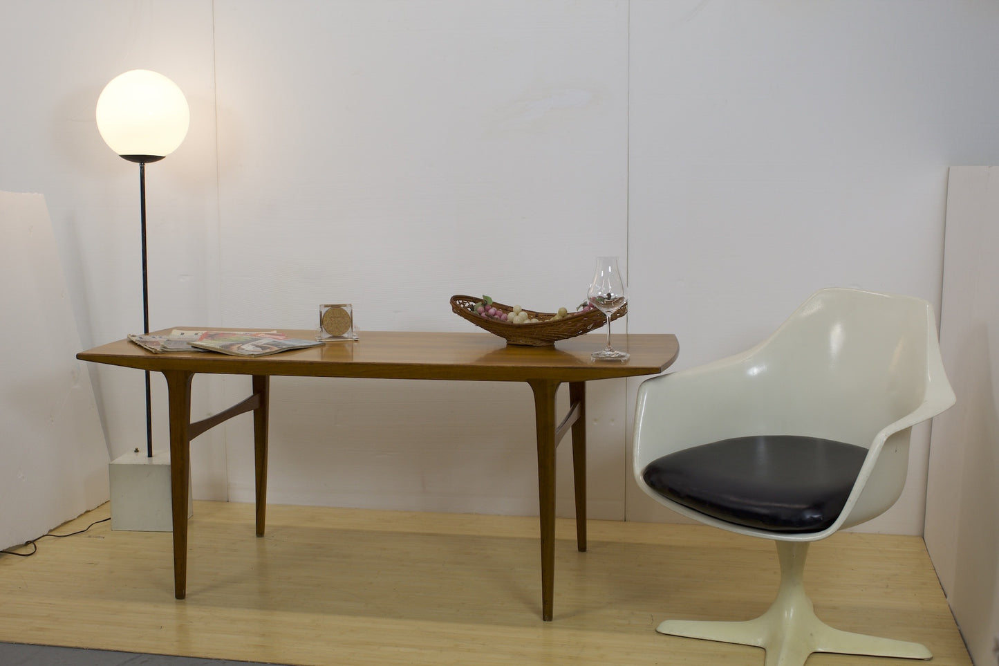 Wood Side Table, vintage chair and lollipop floor lamp