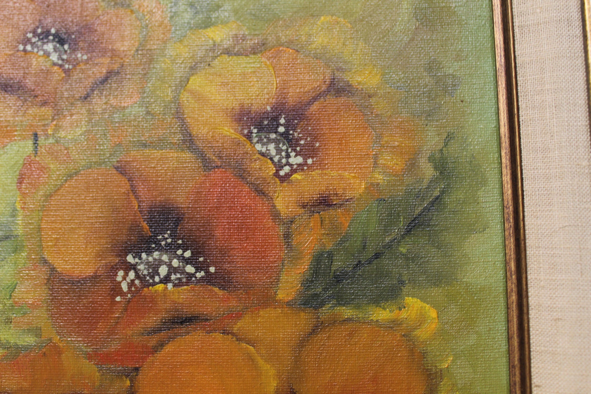 Close-up of orange poppy oil painting with thick impasto texture signed King".