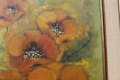 Close-up of orange poppy oil painting with thick impasto texture signed King".