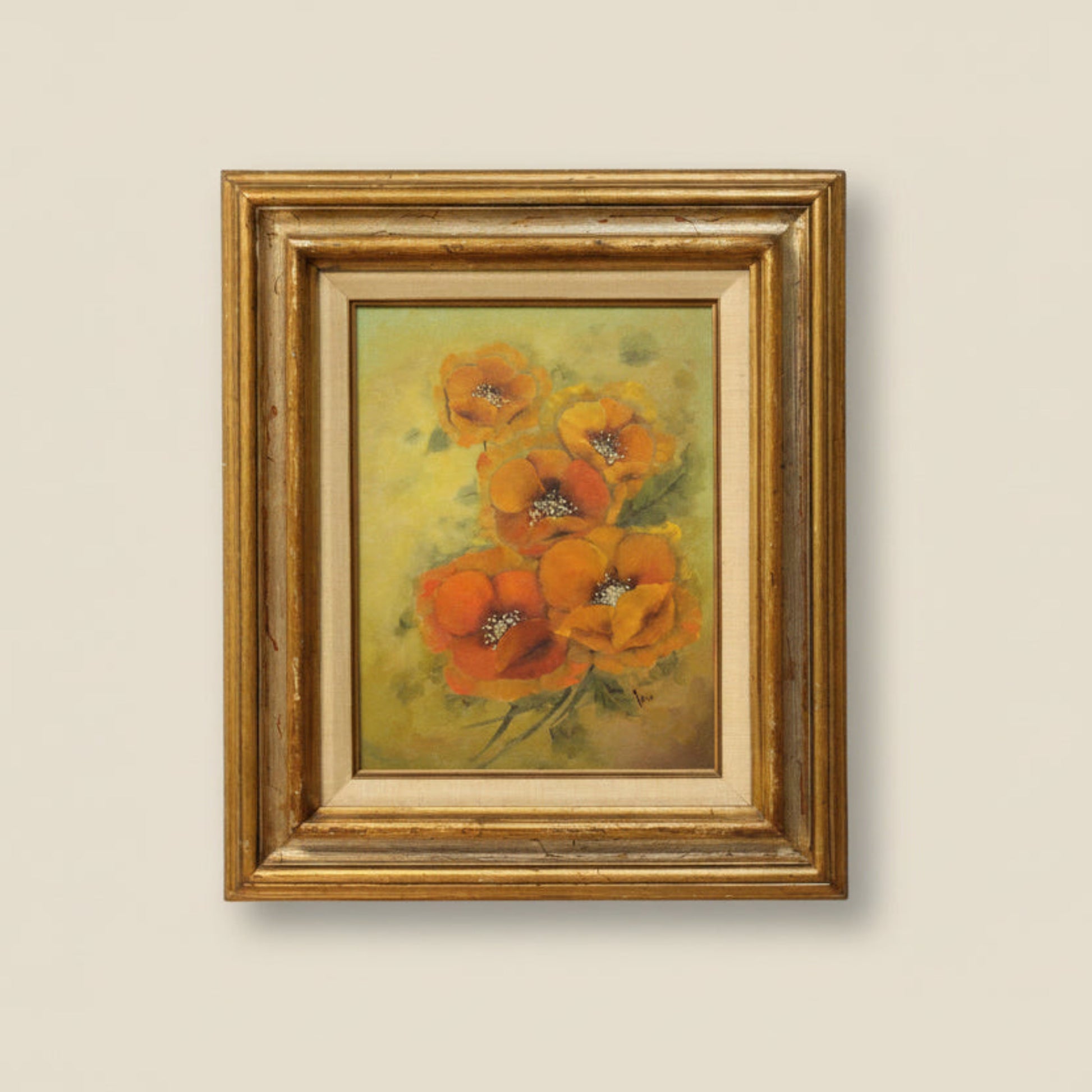 Close-up of orange poppy oil painting with thick impasto texture signed King".