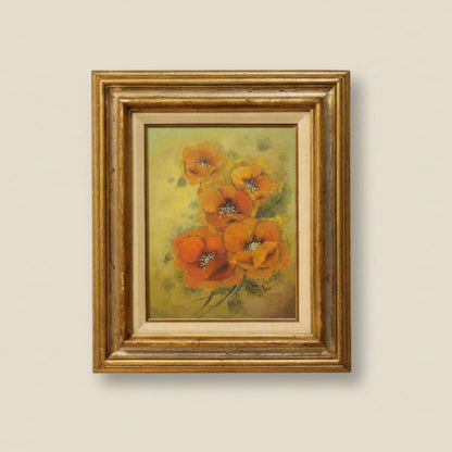 Close-up of orange poppy oil painting with thick impasto texture signed King".