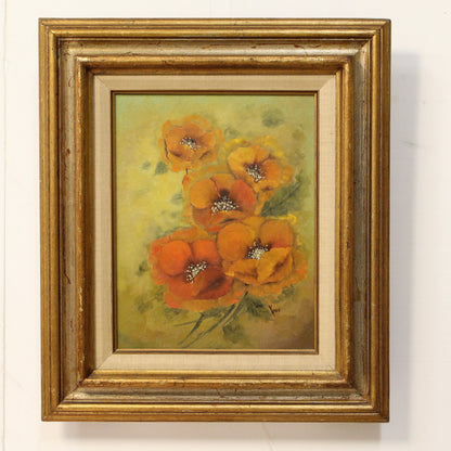 Close-up of orange poppy oil painting with thick impasto texture signed King".