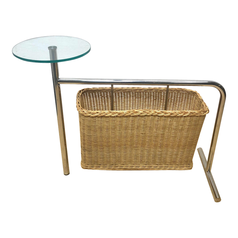 Italian Reading Basket by Zanotta, designed by Andrea Branzi. rattan magazine basket with a small glass side table