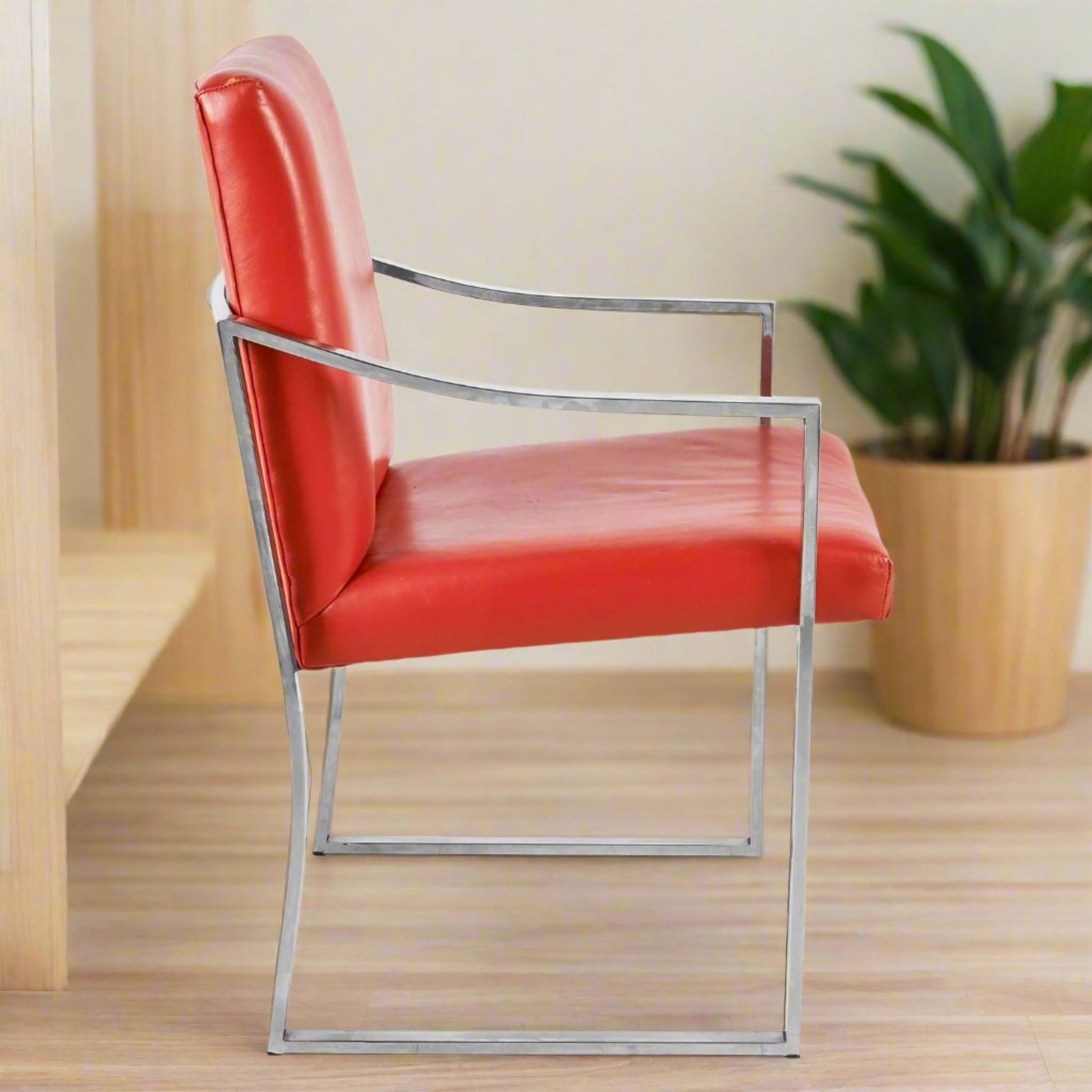 Red Chrome Armchairs Bert England | Pair