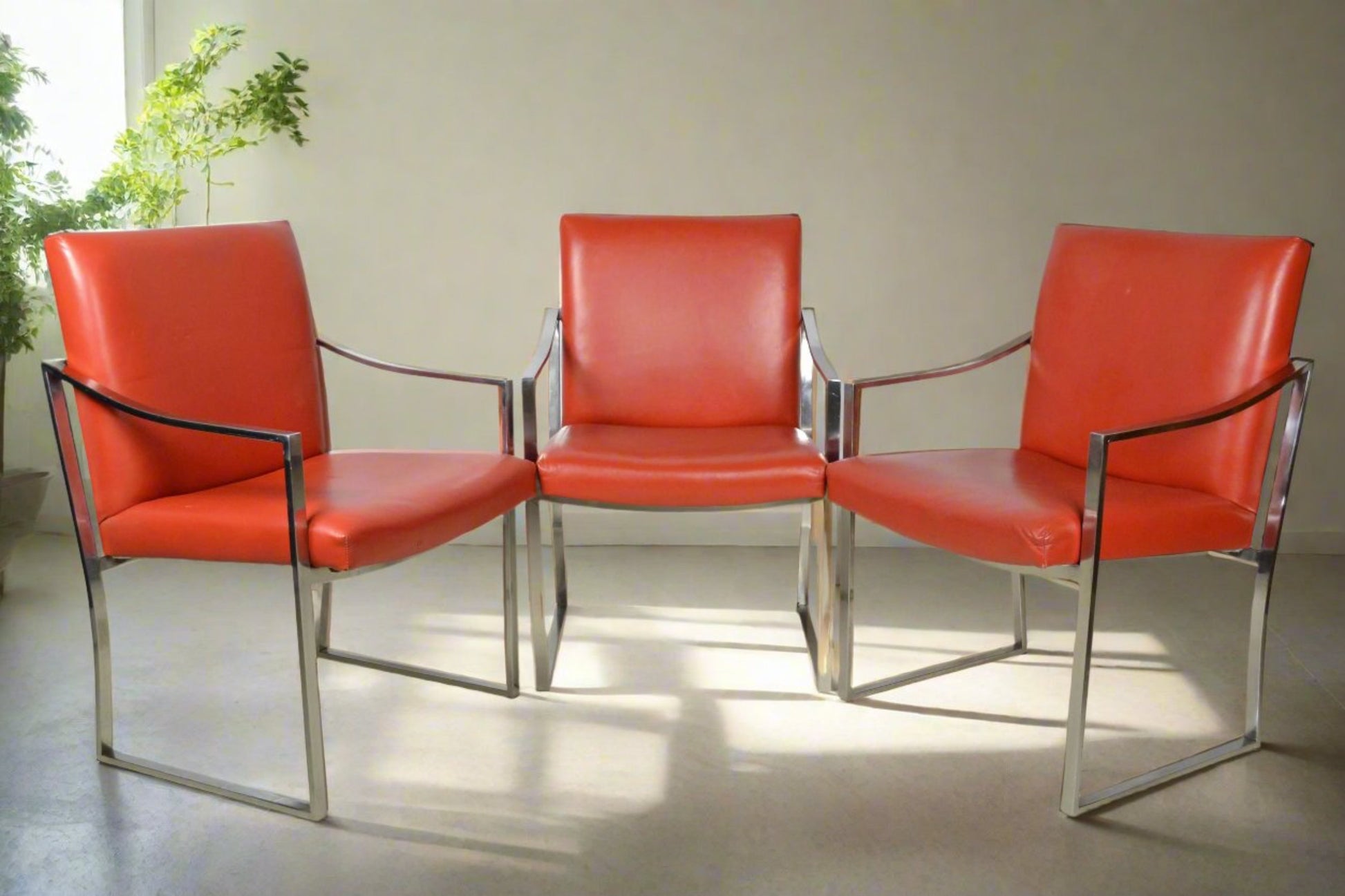 Red Chrome Armchairs Bert England | Pair