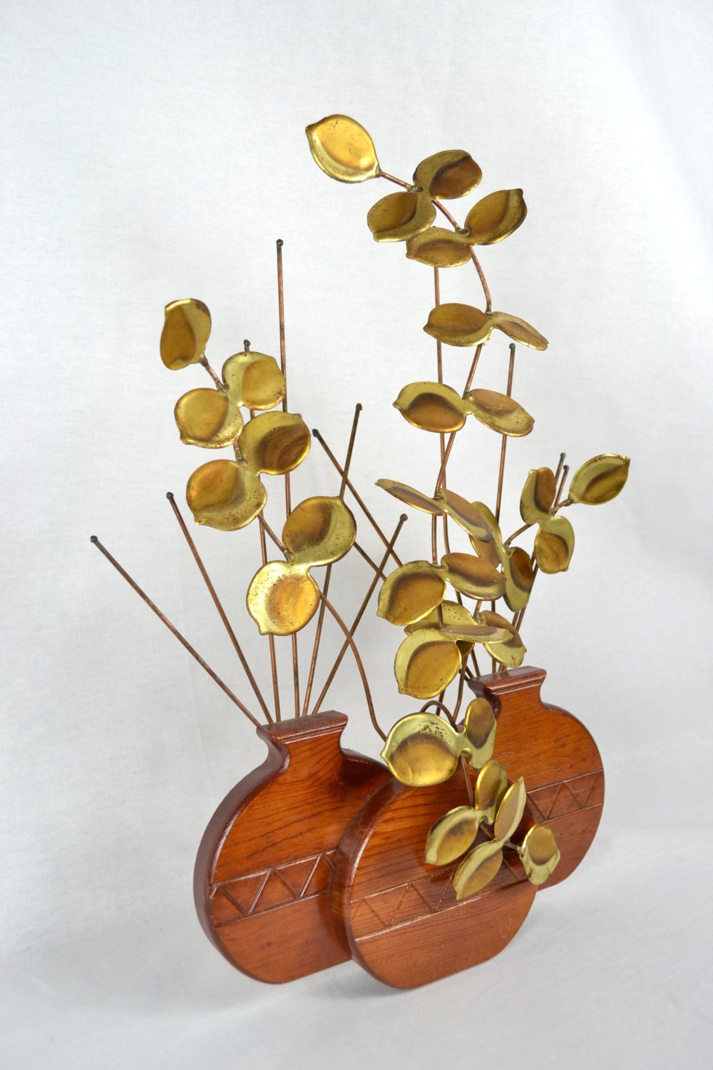 Tabletop Sculpture | Teak Vases & Brass Leaves