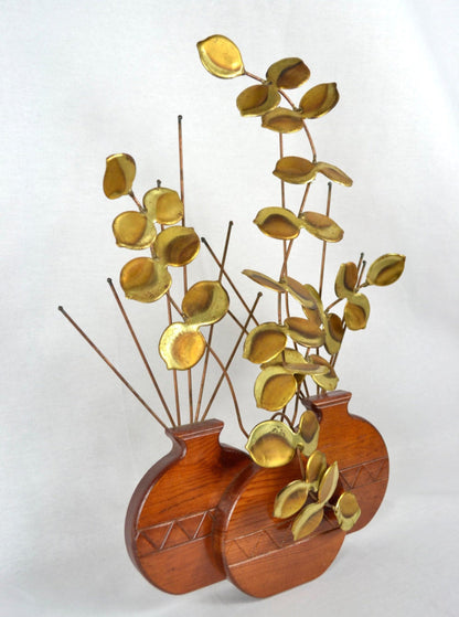 Tabletop Sculpture | Teak Vases & Brass Leaves