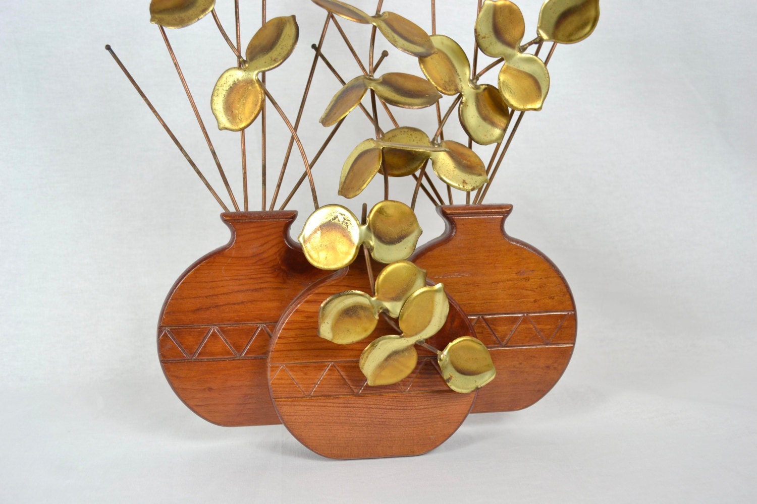 Tabletop Sculpture | Teak Vases & Brass Leaves