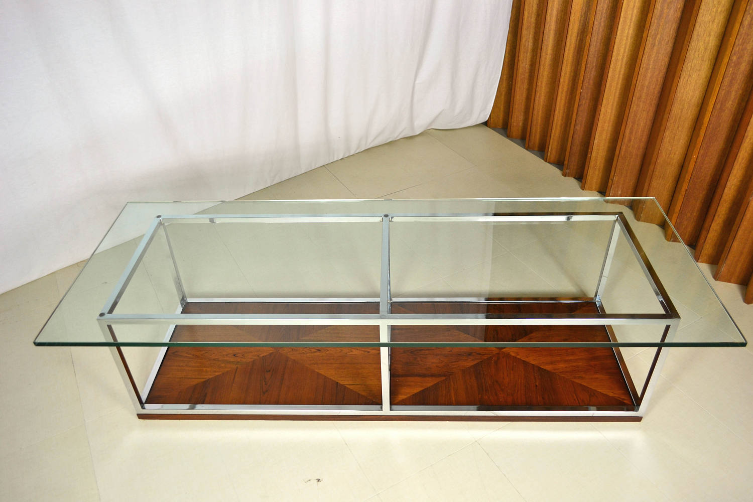 Large Rosewood & Chrome Glass Top Coffee Table