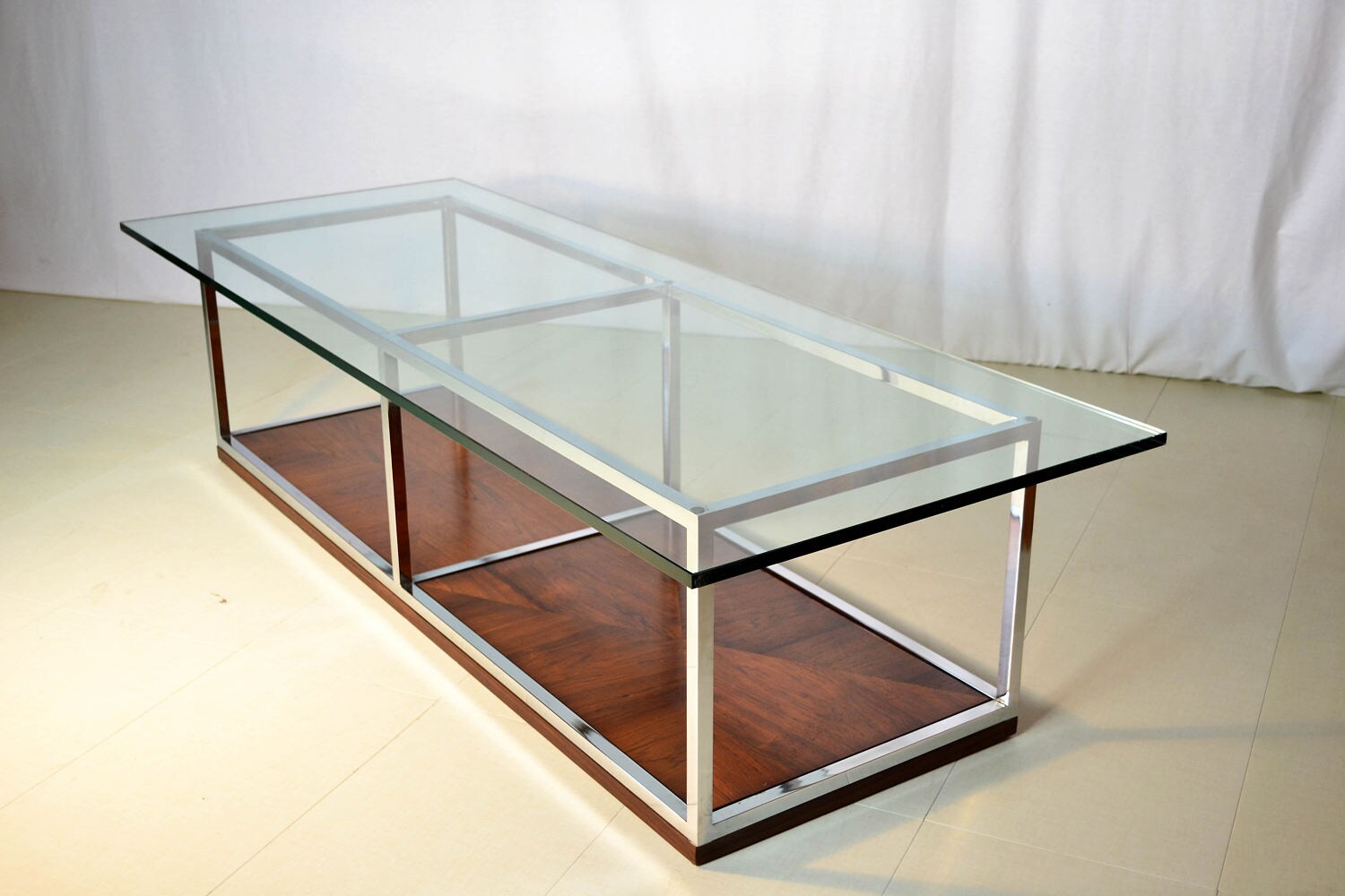 Large Rosewood & Chrome Glass Top Coffee Table