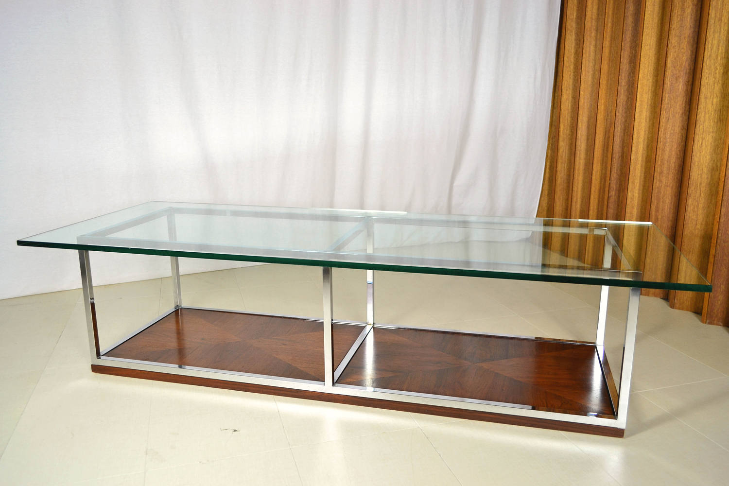 Large Rosewood & Chrome Glass Top Coffee Table