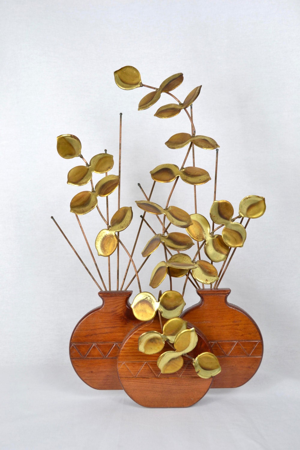 Tabletop Sculpture | Teak Vases & Brass Leaves