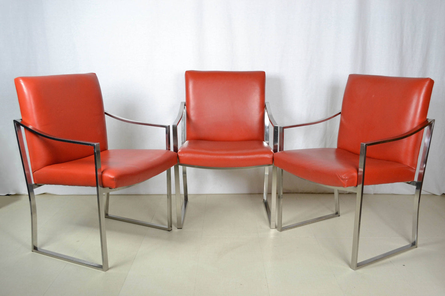 Red Chrome Armchairs Bert England | Pair
