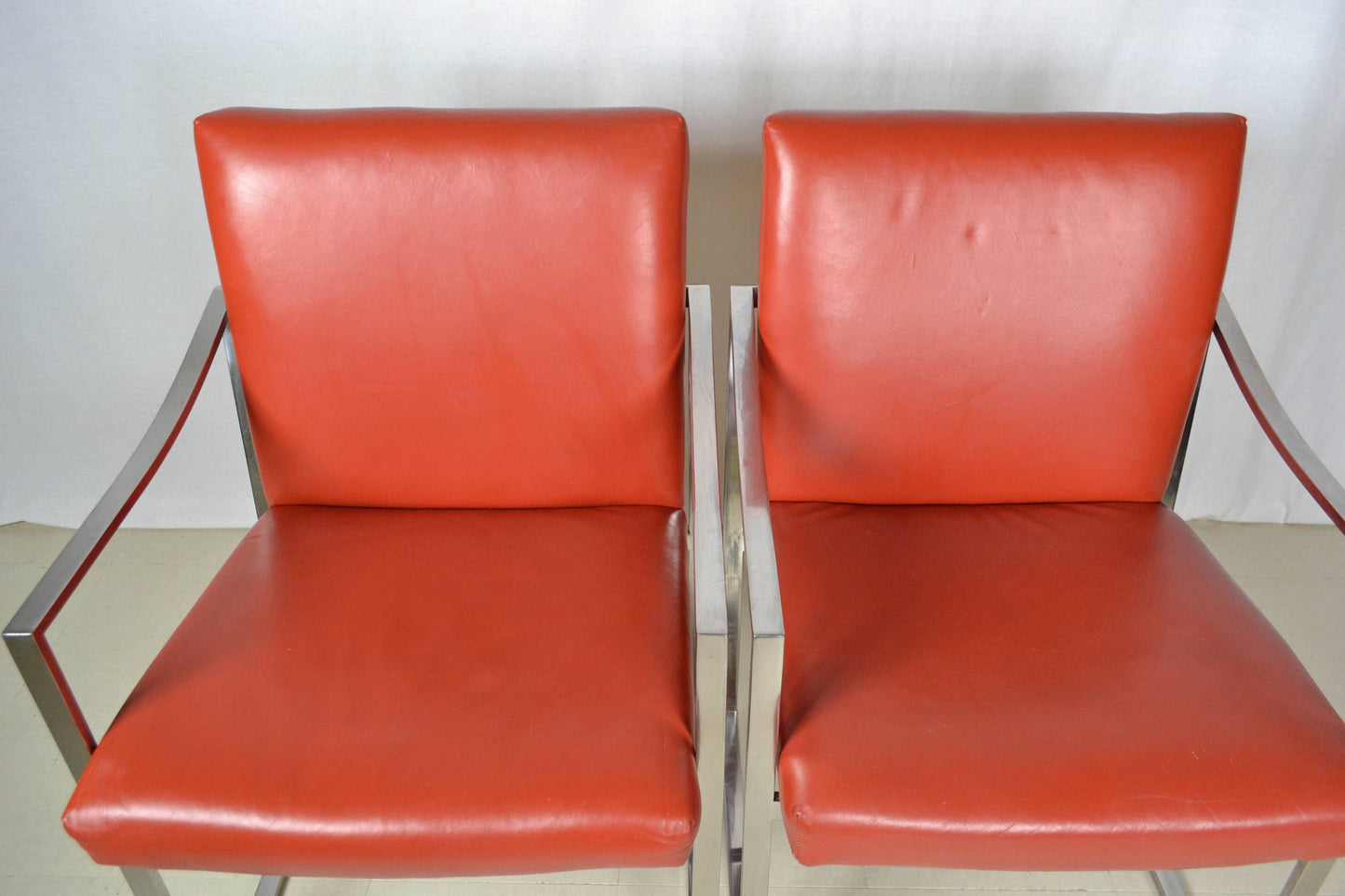 Red Chrome Armchairs Bert England | Pair