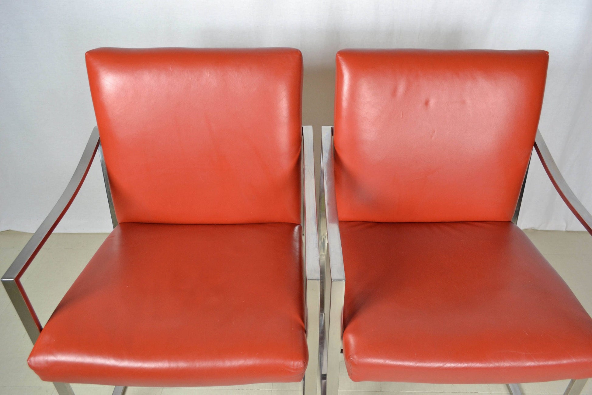 Red Chrome Armchairs Bert England | Pair