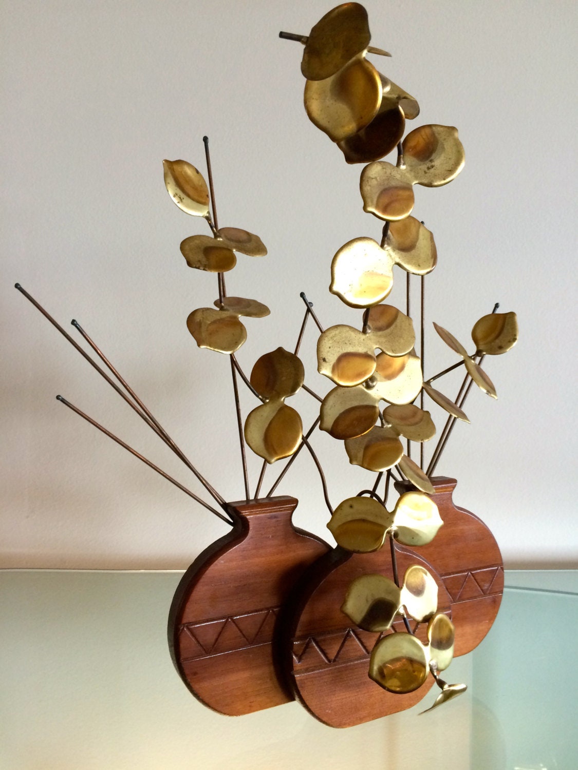 Tabletop Sculpture | Teak Vases & Brass Leaves
