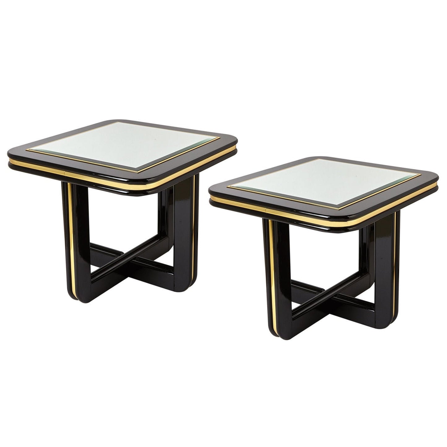 Black Lacquered End Tables with Mirror Top | Pair