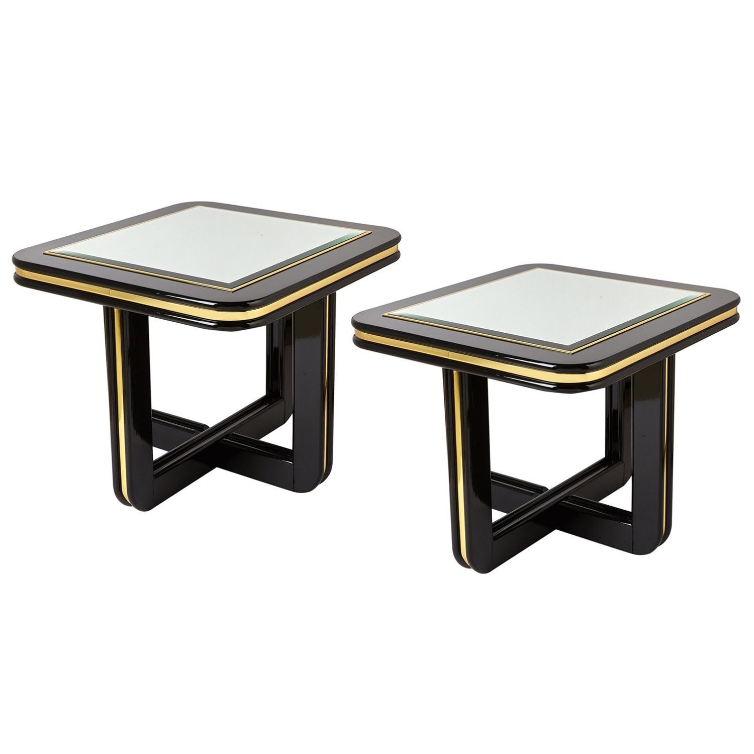 Black Lacquered End Tables with Mirror Top | Pair