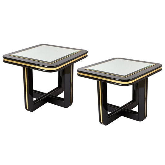 Black Lacquered End Tables with Mirror Top | Pair