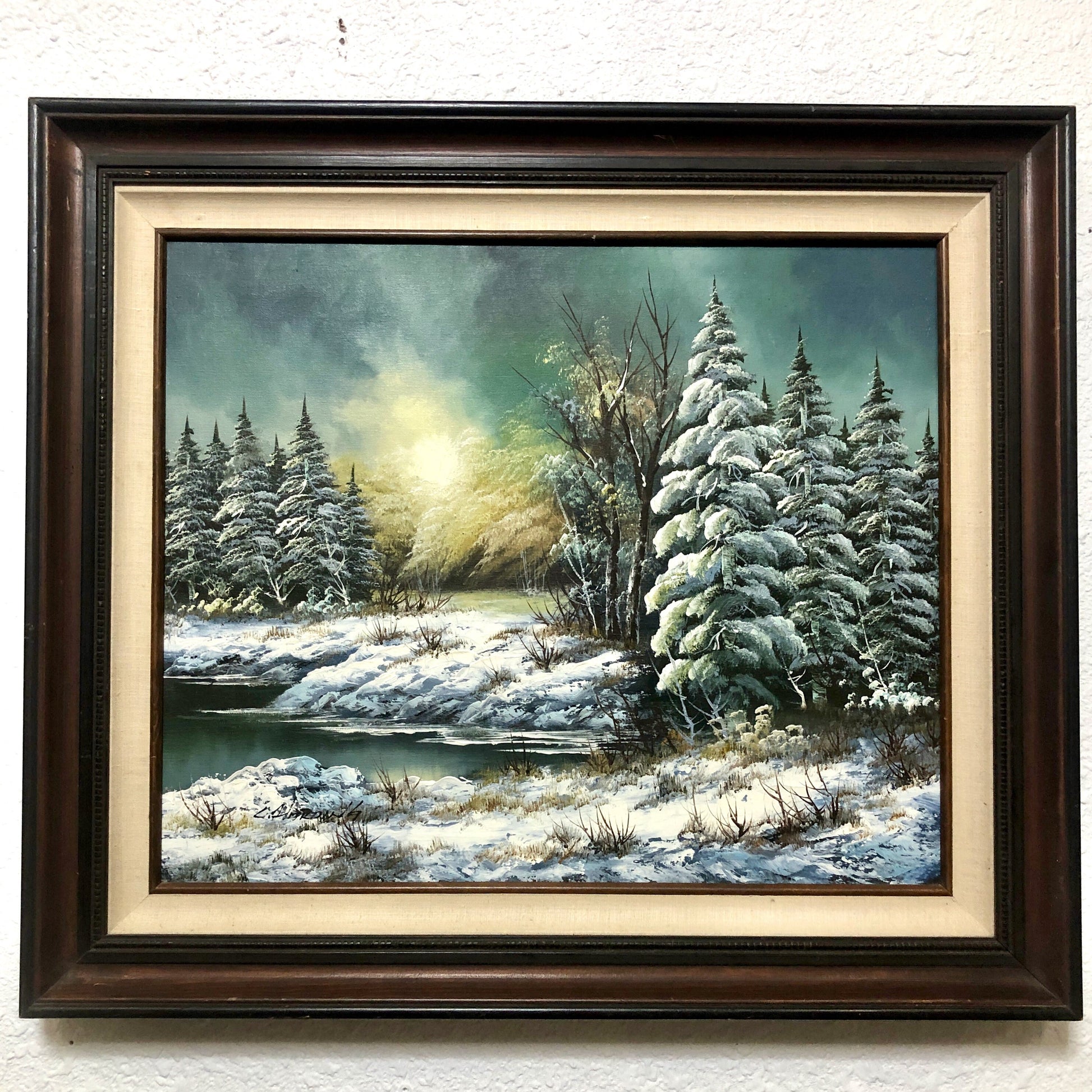Signed Vintage Oil Painting on Canvas | Winter Forest