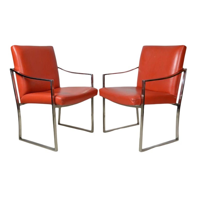 Red Chrome Armchairs Bert England | Pair