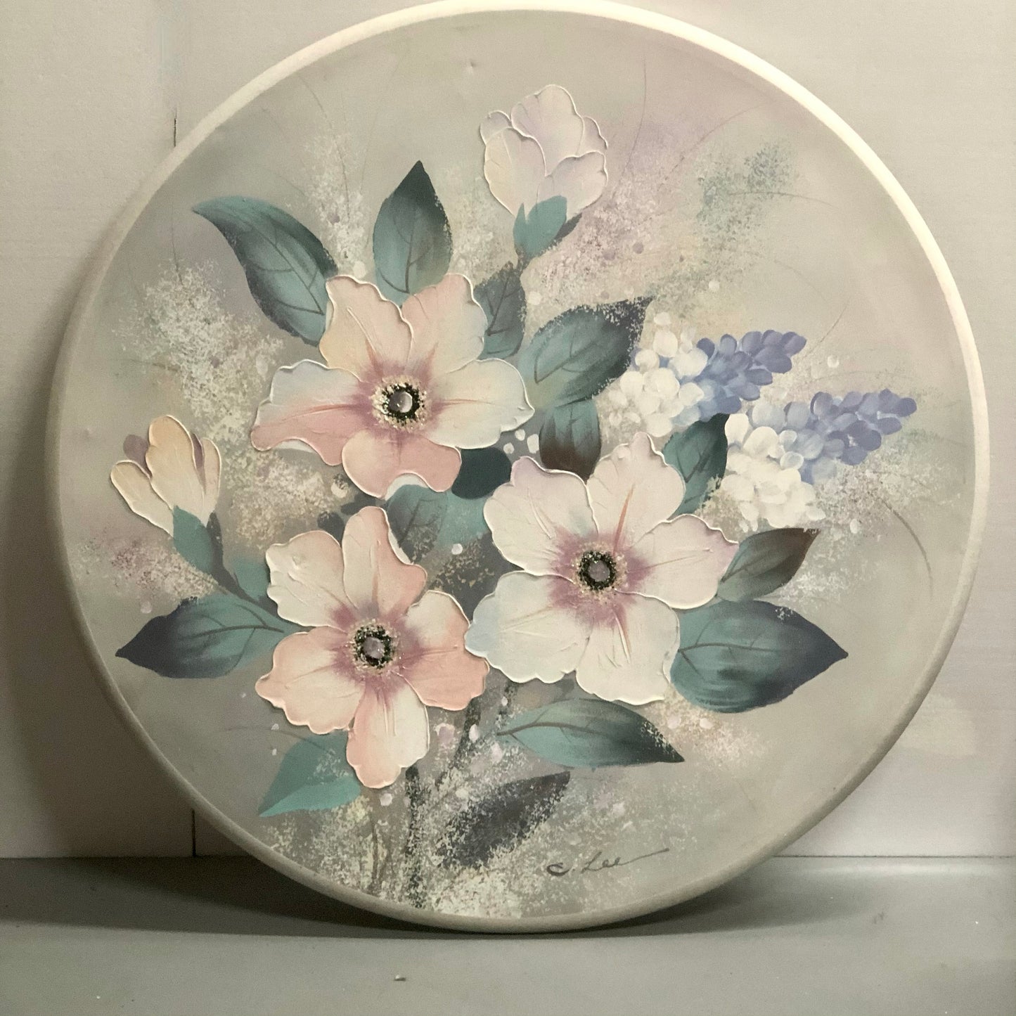Round Painting Pink Floral | Signed Lee