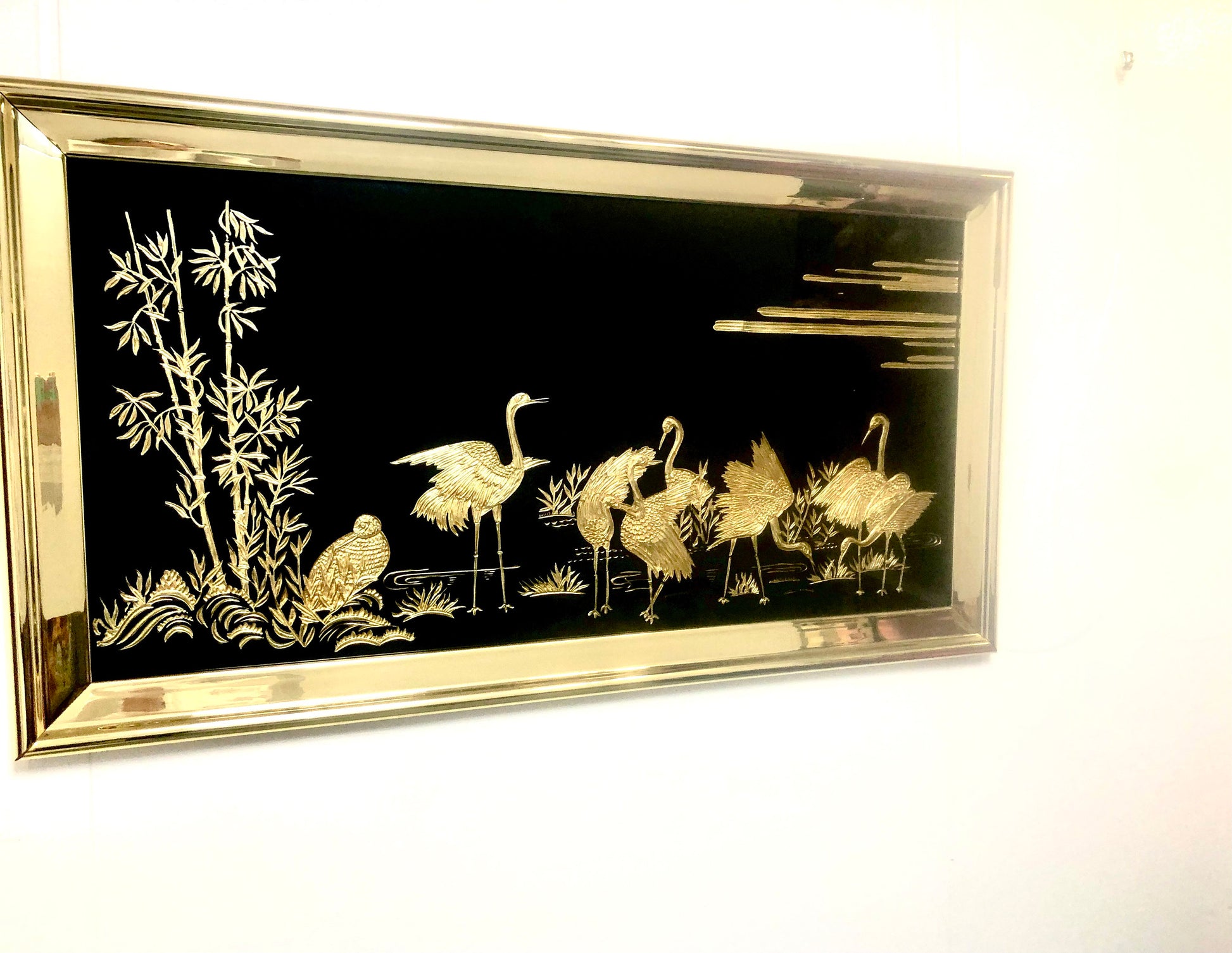 Oriental Modern Black Mirror Wall Art | Gold Etched Detail