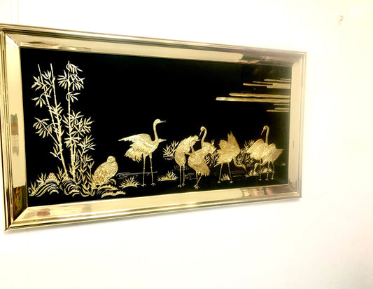 Oriental Modern Black Mirror Wall Art | Gold Etched Detail