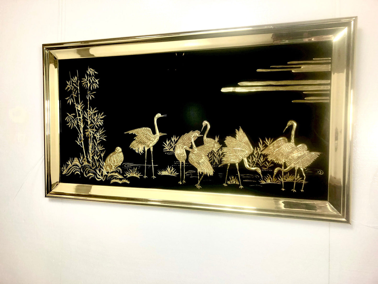 Oriental Modern Black Mirror Wall Art | Gold Etched Detail
