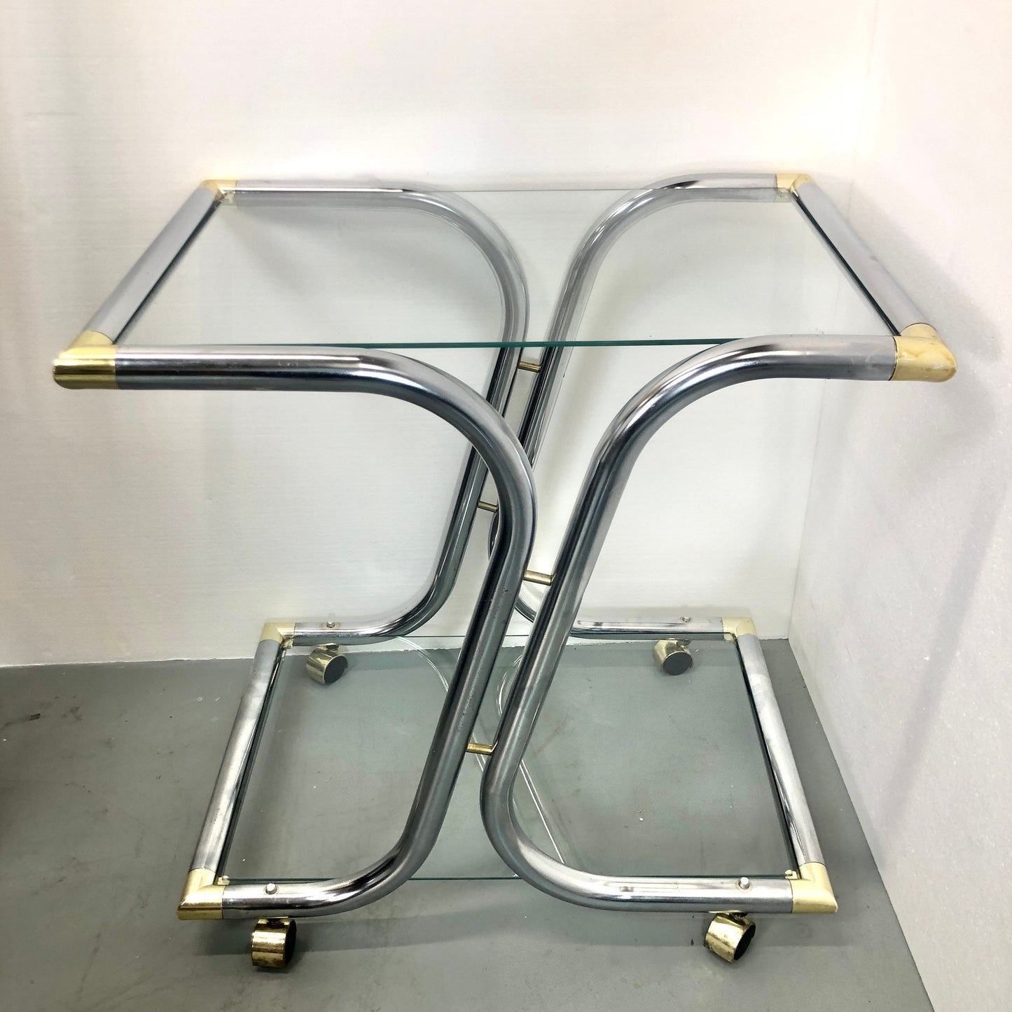 Chrome Tubular Bar Cart Glass Shelves