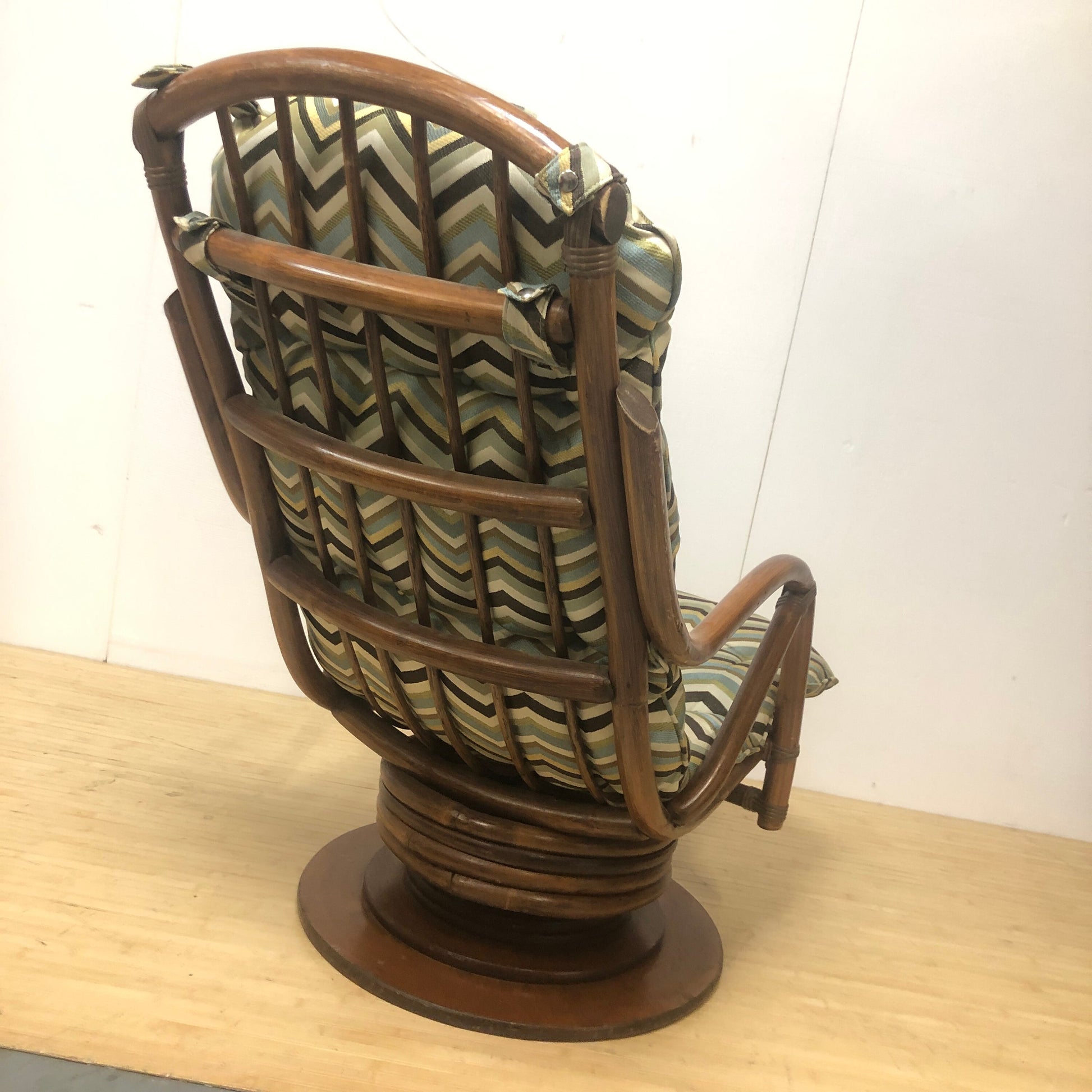 Bamboo Swivel Lounge Chair | Grey Chevron Upholstery