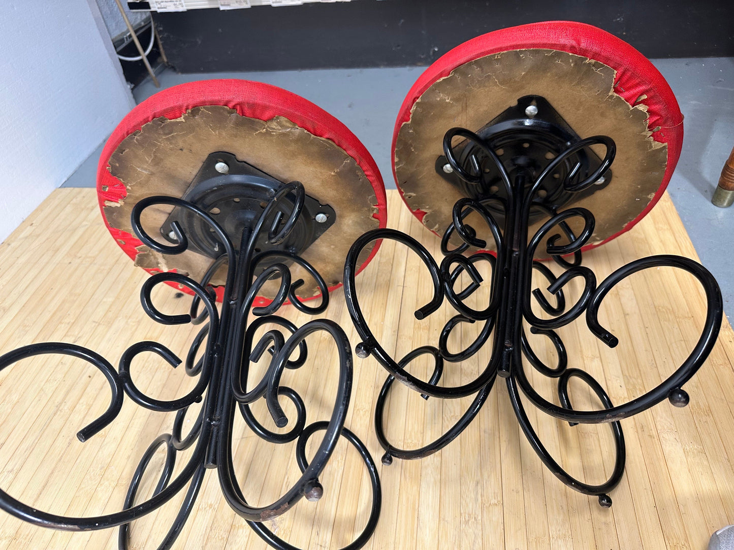 4 Mid-Century Wrought Iron Red Stools